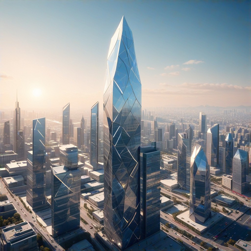 Dynamic cityscape, showcasing innovation and progress, representing the company's vision, sleek and modern architecture, clear blue sky, (forward-thinking:1.3).