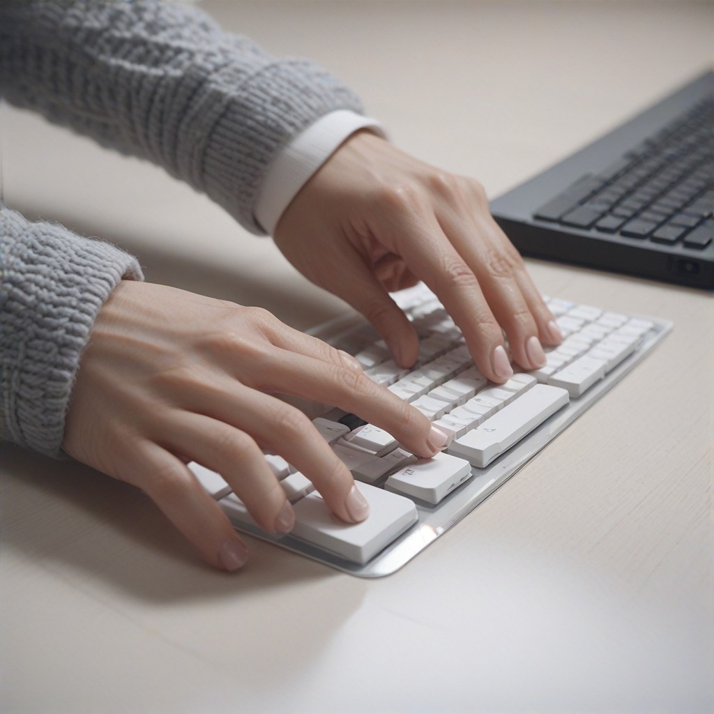Close-up of hands typing on a keyboard, highlighting technical skills and attention to detail, focused expression, soft lighting, (skilled:1.3), (detail-oriented:1.2).