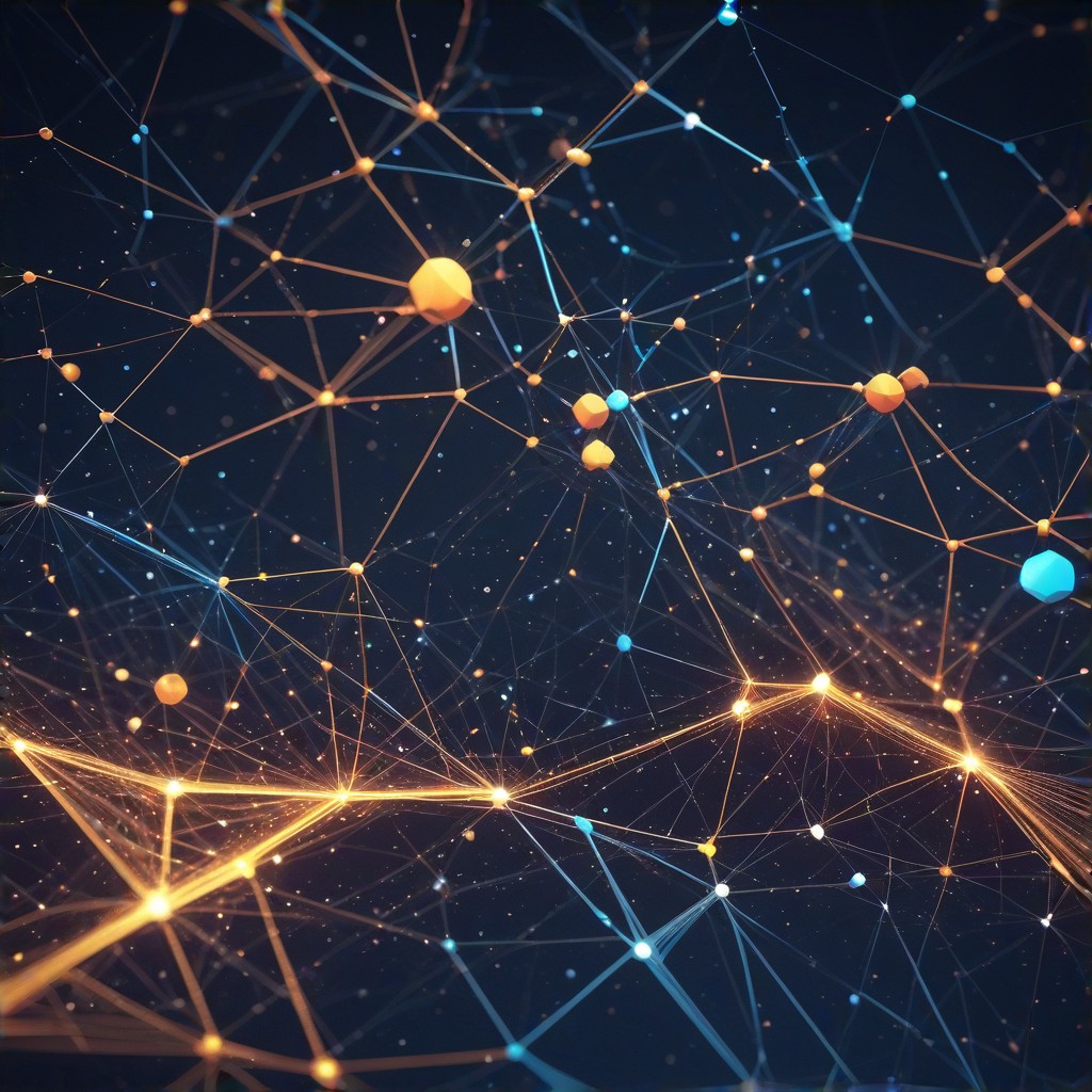 Abstract network of interconnected nodes, representing global connections and collaboration, vibrant colors, flowing lines, (innovative:1.3), (collaborative:1.2).